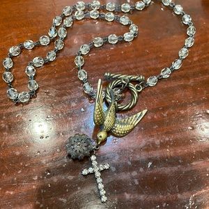 Vintage style Bird with rhinestone cross toggle closure necklace